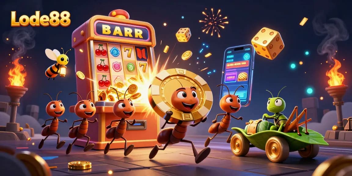 Engaging illustration of Lode88 featuring ants in a heist with golden poker chips amidst vibrant casino elements.