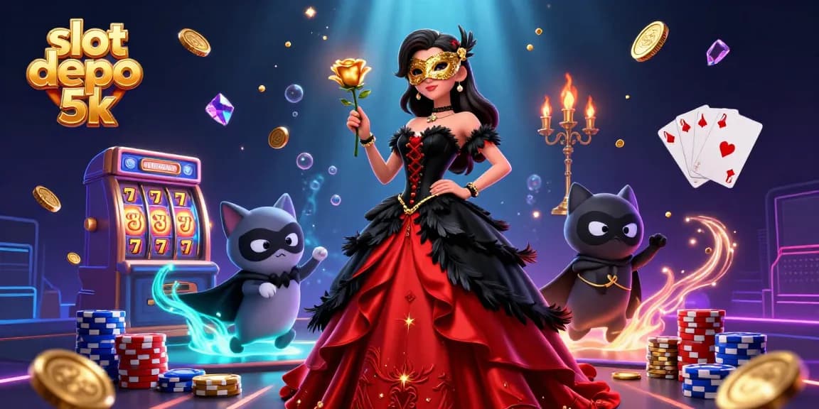 Engage with slot depo 5k gameplay, featuring a glamorous scene of a woman with golden accents and dynamic slot elements.