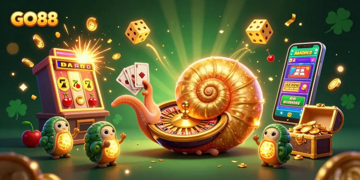 Experience the thrill of GO88 with a giant nautilus, vibrant slot machines, and exciting casino games.