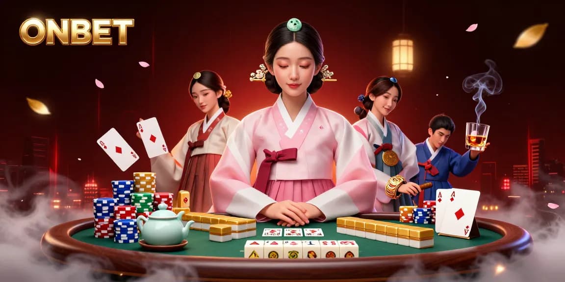 ONBET casino illustration showcasing an elegant Asian woman enjoying poker and festive ambiance.