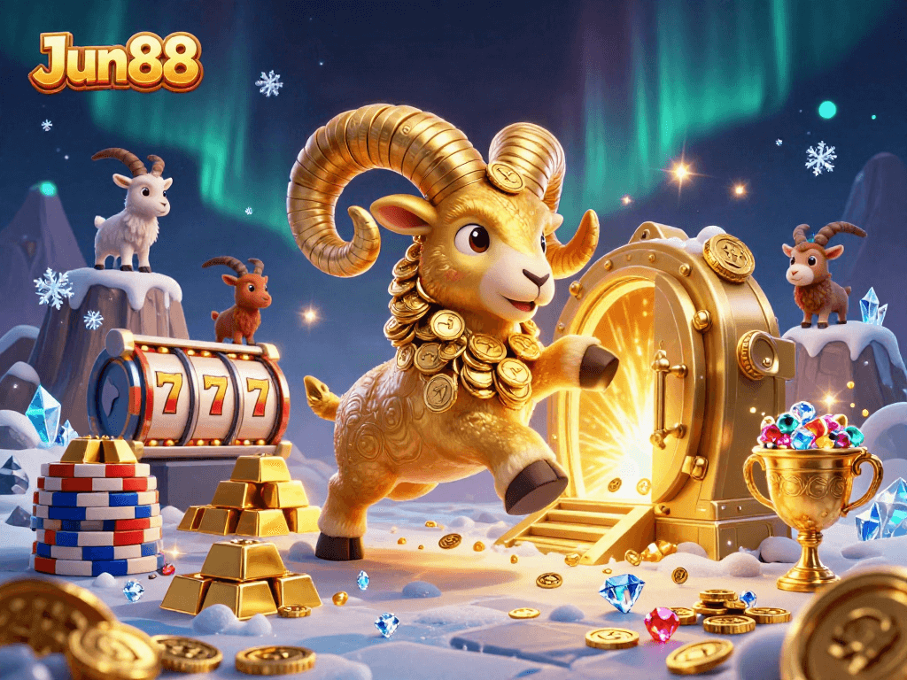 Experience thrilling wins with Jun88's vibrant 3D casino illustration featuring golden treasures and a charging ram.