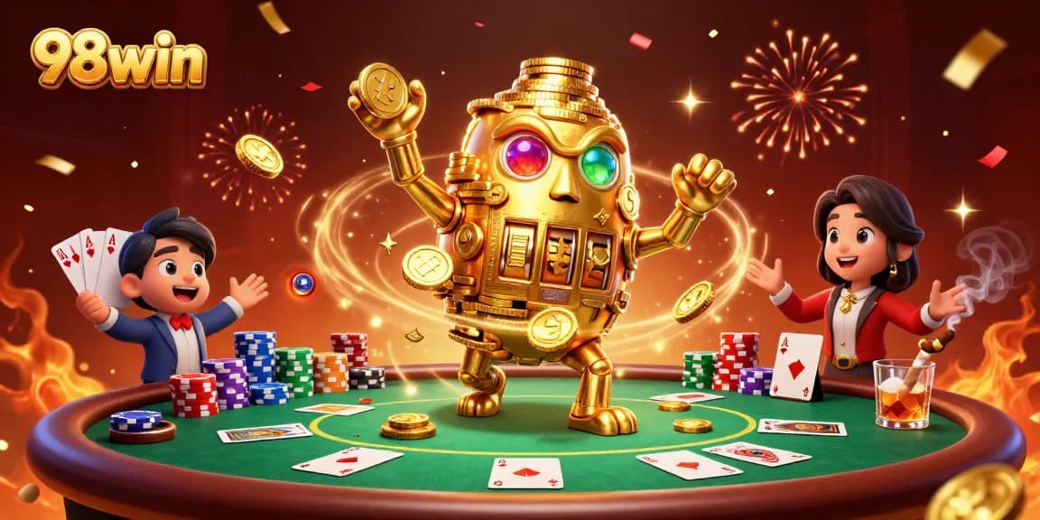 Experience thrilling gameplay with 98win's vibrant casino atmosphere, featuring a dynamic golden golem.