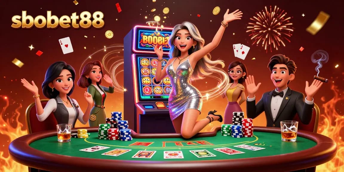 Excitedly winning at sbobet88, a gorgeous Asian woman celebrates at a jackpot slot machine surrounded by poker elements.