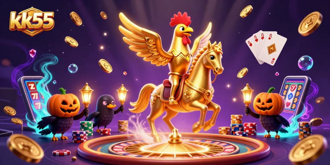 Win big with kk55, showcasing a fantastical casino scene with golden rooster and vibrant gaming elements.