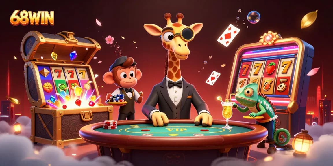 Experience the thrilling action of 68WIN with a high-roller giraffe and friends in an explosive casino scene.