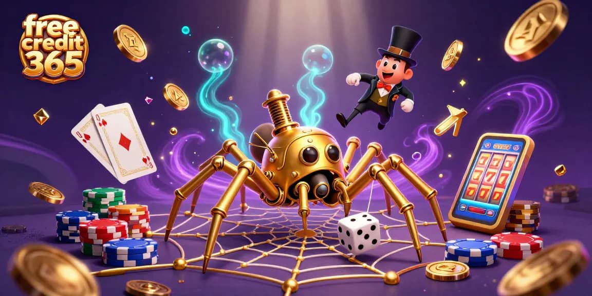 Experience thrilling gameplay with free credit 365 as a golden spider and a gentleman navigate a vibrant casino web!