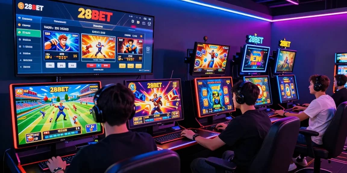 Engaging gaming scene at https://28bet.mex.com/, featuring diverse players enjoying sports betting and casino games in a modern digital environment.