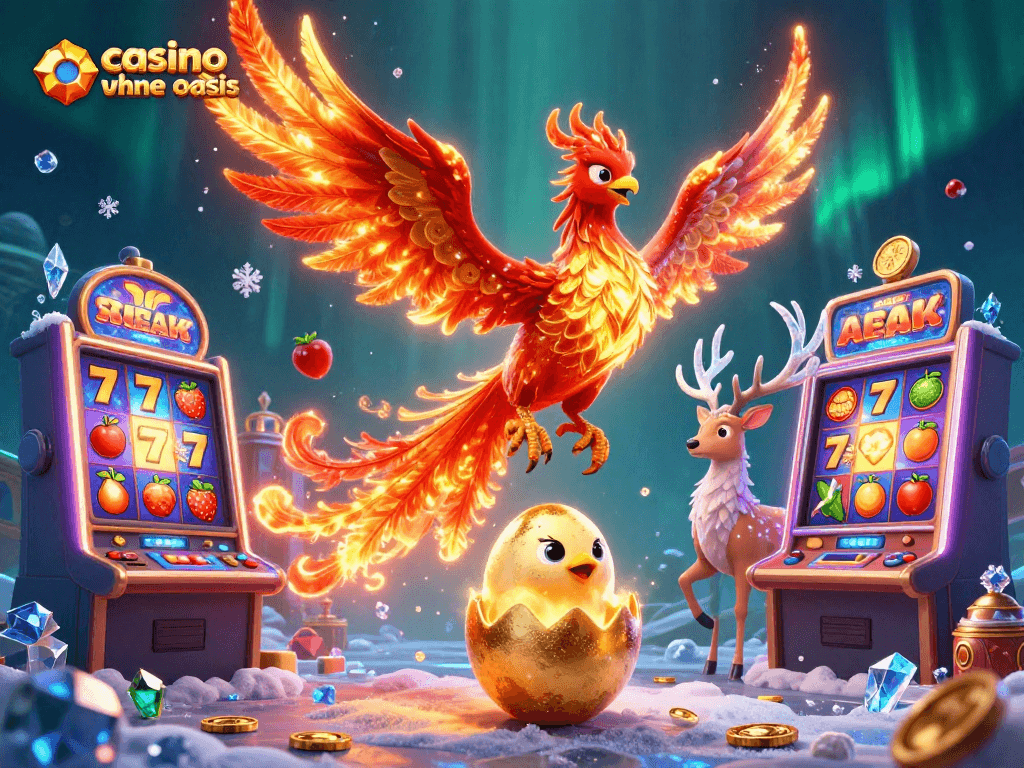 Experience the vibrant "casino ohne oasis" theme with a phoenix, baby phoenix, and stag amidst immersive slot game elements.