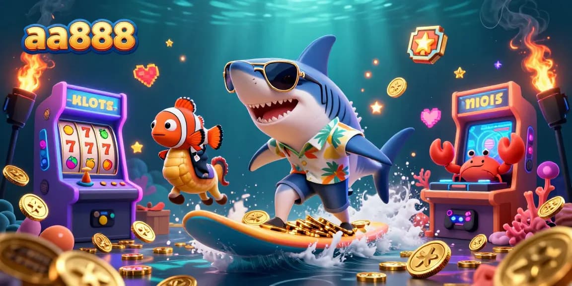 Experience the excitement at aa888 with a vibrant gambling scene featuring playful characters and casino elements.