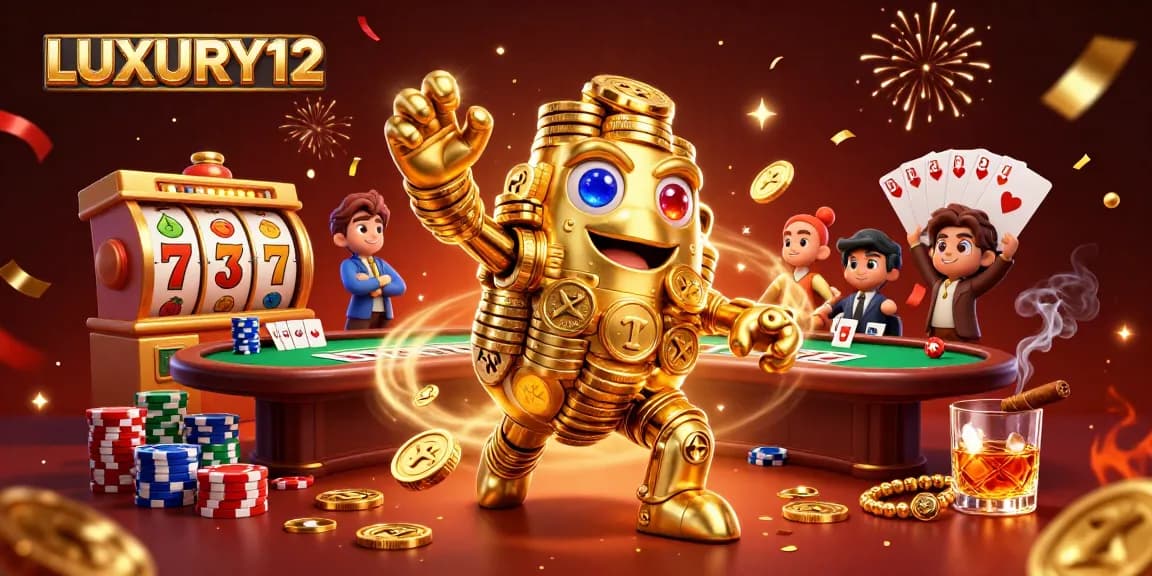 LUXURY12 showcases a stunning 3D representation of a golden golem and vibrant casino elements, ideal for online gamblers.