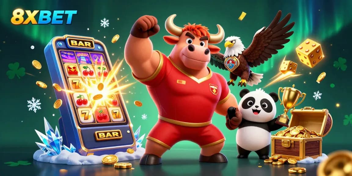 Enjoy a winning moment at 8XBET with vibrant casino elements and characters.