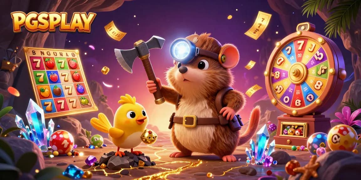 Engage with PGSPLAY's vibrant gaming world featuring dynamic slot and lotto elements in a rich illustration.