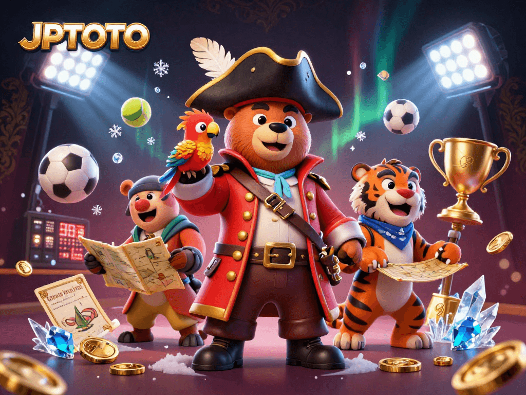 Experience gaming excitement with JPTOTO's vibrant 3D pirate-themed illustration featuring animated characters and dynamic sports elements.