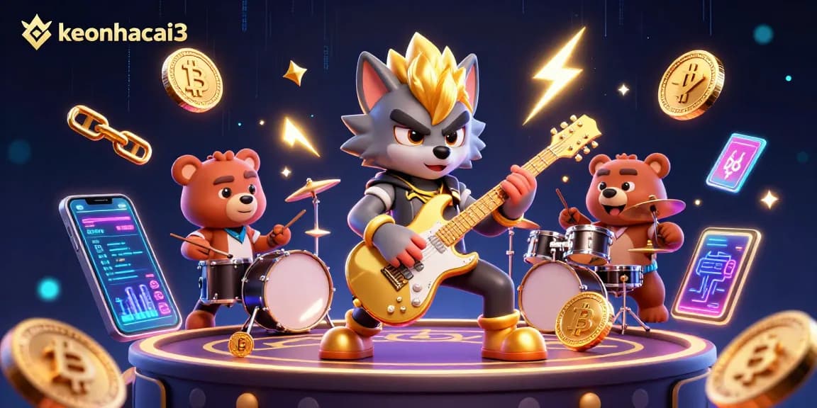 Engaging keonhacai3 sports betting scene with rock star wolf and drummer bear.