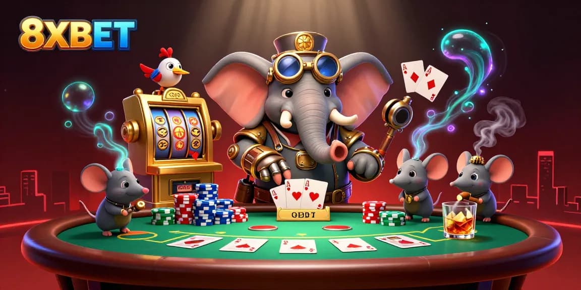 Engage in thrilling gaming at 8XBET with steampunk elements, poker tables, and vibrant casino action.
