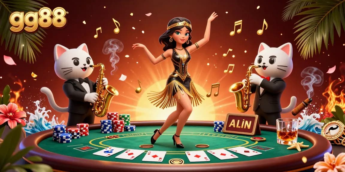 Engage with GG88’s thrilling casino experience featuring a dancing woman and a jazzy cat.
