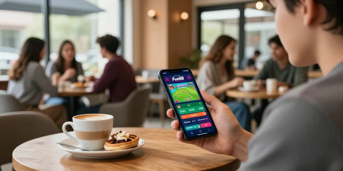 Engaging with Fun88 mobile app for betting on the go at a cozy café.