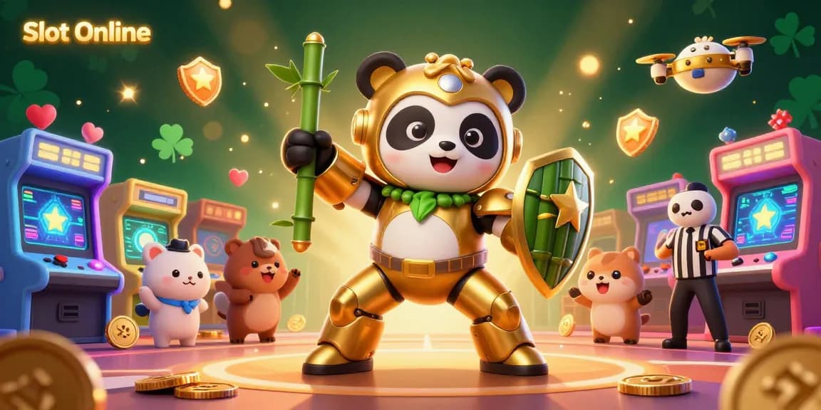 Engage with Slot Online in an exciting 3D casino scene featuring a golden panda and arcade elements.