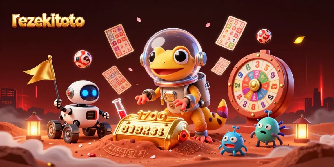 Experience exciting lottery games with rezekitoto in this vibrant 3D illustration featuring unique casino elements.