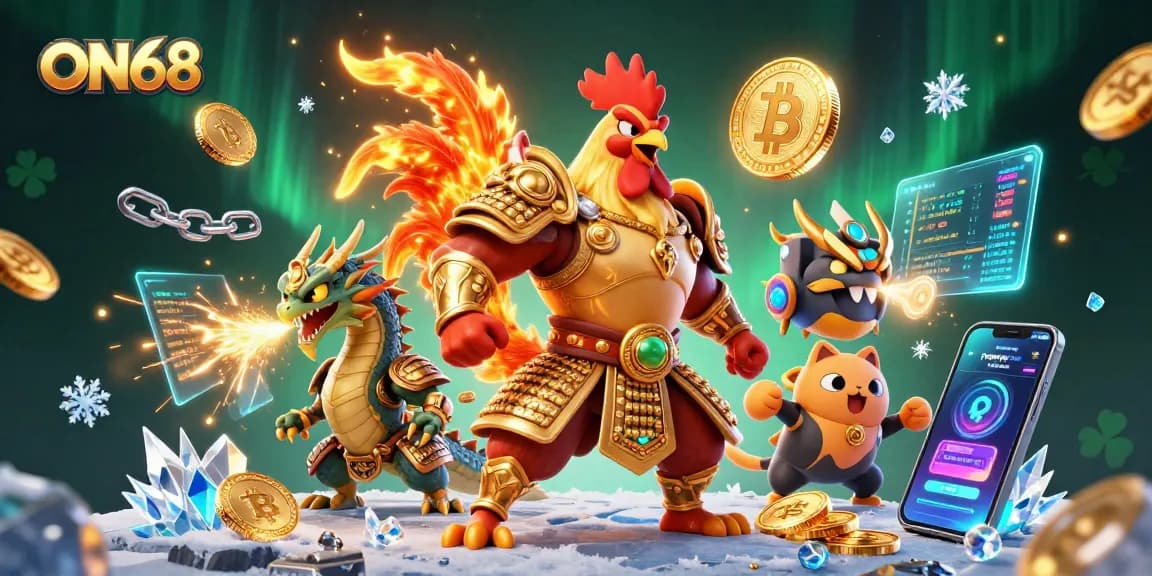 Engage with the immersive ON68 gaming experience featuring a cartoon rooster warrior and dragon in a lively casino scene.