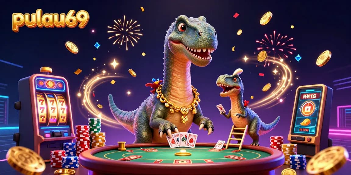 Experience thrilling wins with pulau69 at the vibrant casino scene showcasing a giant dinosaur and dynamic slot machines!