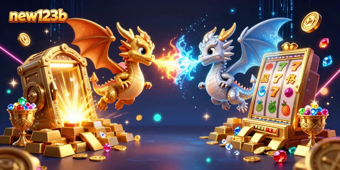 Experience the thrills of new123b with animated dragons and treasure elements in a dynamic casino scene.