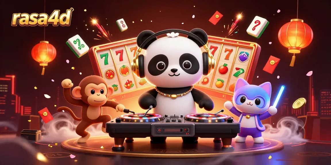 Rasa4d menampilkan DJ panda dan karakter unik yang merayakan keberuntungan kasino di festival perjudian.
