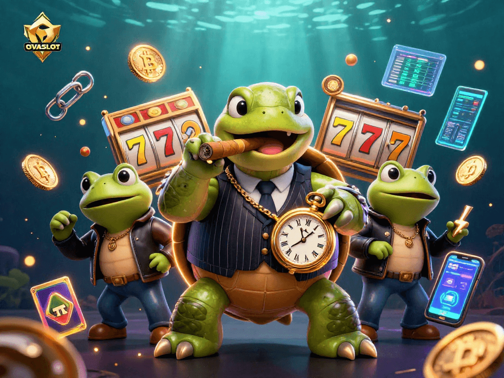 Engage with OVASLOT's dynamic gambling adventure featuring a cartoon turtle in a casino setting.