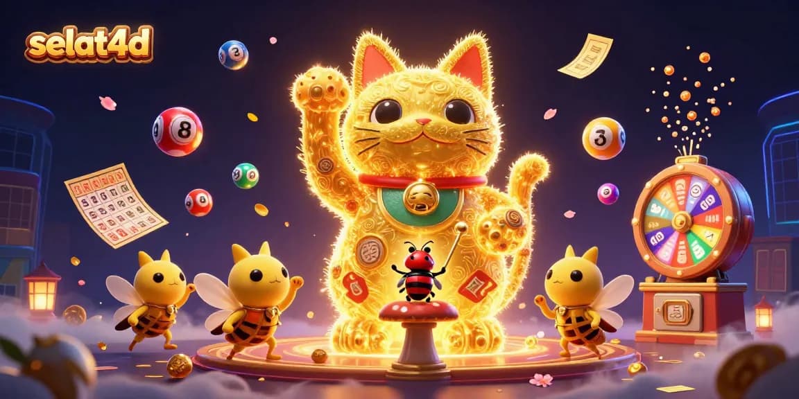 Experience the excitement of selat4d with this vivid 3D illustration showcasing a lucky cat and dynamic casino symbols.