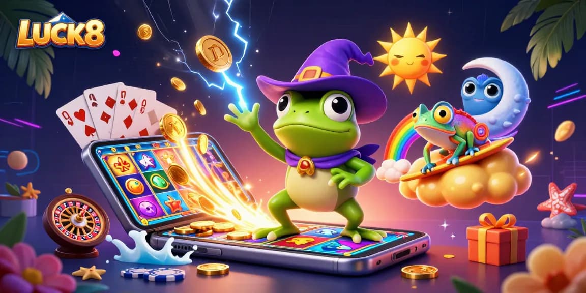Engage with LUCK8 slots as a wizard frog conjures golden coins amidst dynamic gaming elements.