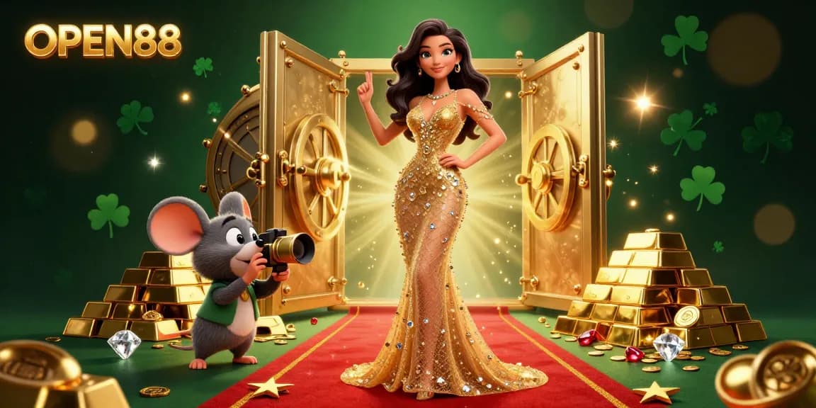 Bet on OPEN88 with this glamorous illustration showcasing rich casino elements and a stylish figure.