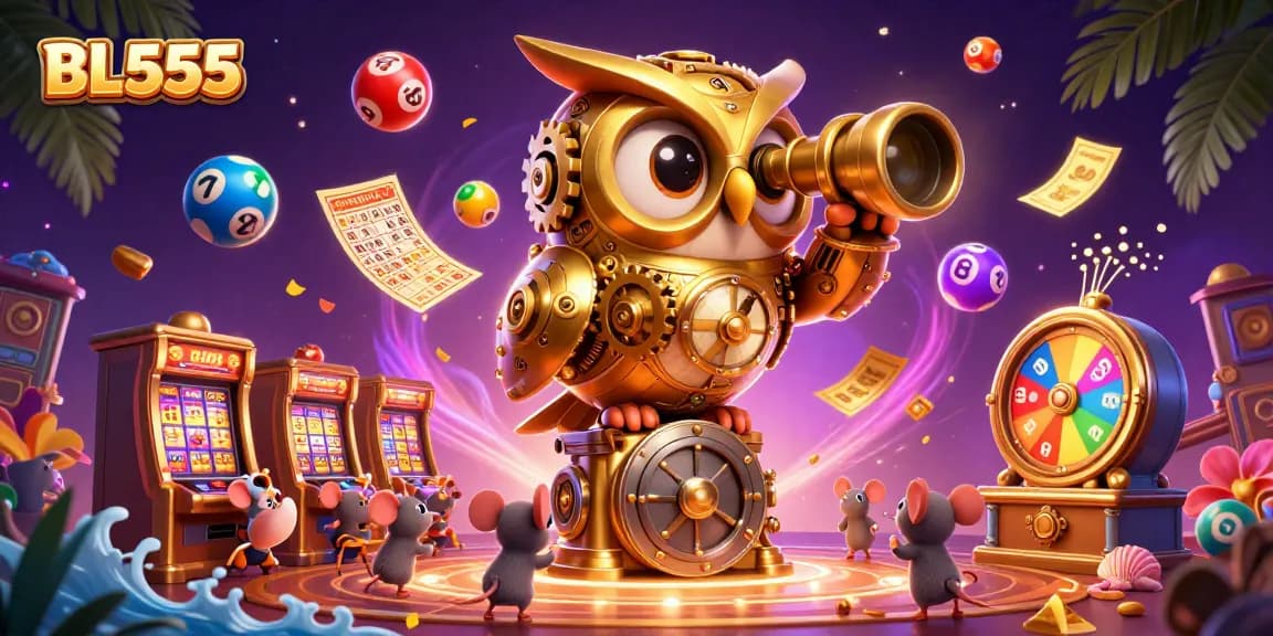 BL555 players celebrate big wins with colorful lottery balls and vibrant casino elements.