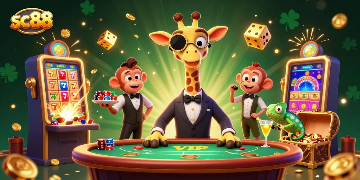 Engage in thrilling casino action with SC88, showcasing a high-roller giraffe and vibrant jackpots.