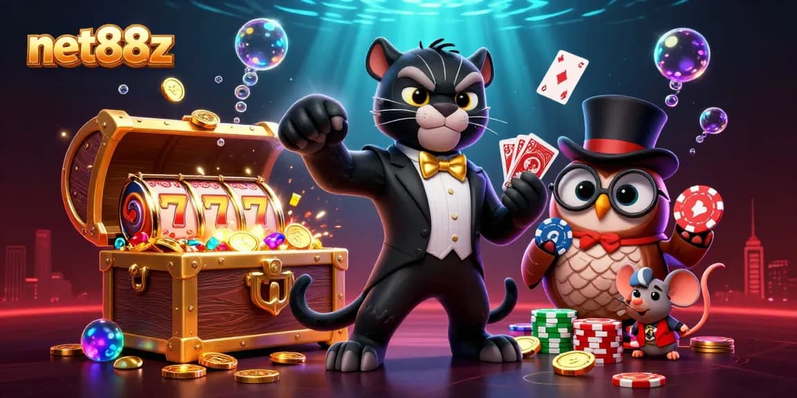 net88z showcases a panther dealer and friends in a vibrant 3D casino scene with dynamic slots and gold coins
