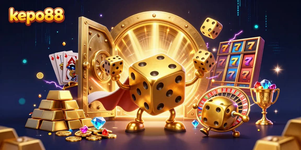 Experience the thrill of kepo88 with golden dice and vibrant treasures in this dynamic casino scene.