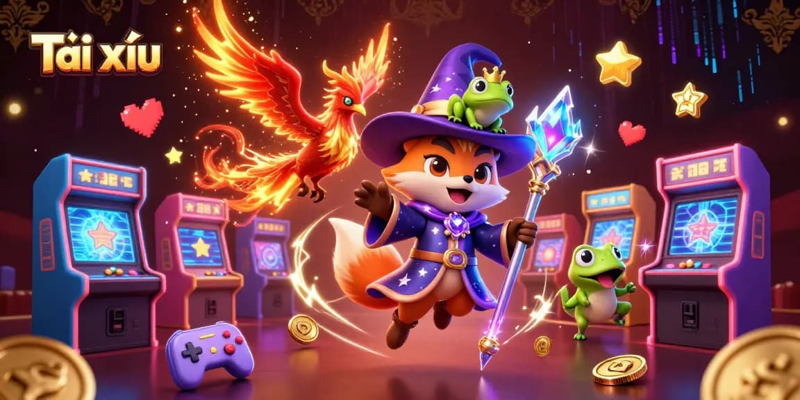 Engage in Tài xỉu with a mystical wizard and phoenix in an enchanting gaming scene.