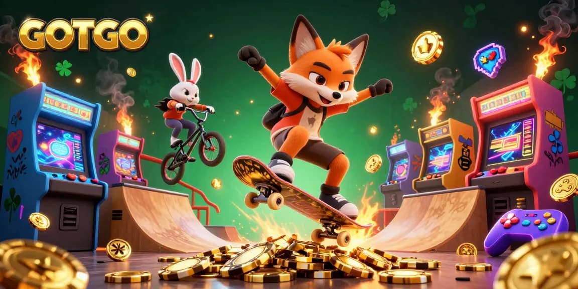 GOTOTO menawarkan kegembiraan dengan rubah yang melakukan kickflip di atas chip poker emas di tengah elemen arcade yang vibrant