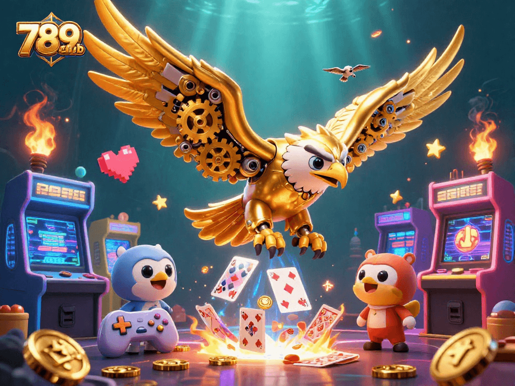 Experience 789club's thrilling gameplay with a golden eagle, holographic cards, and vibrant game elements.
