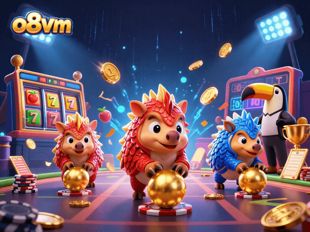 Bet and win big with o8vm in a vibrant casino scene featuring rival pangolins and dynamic slot elements.