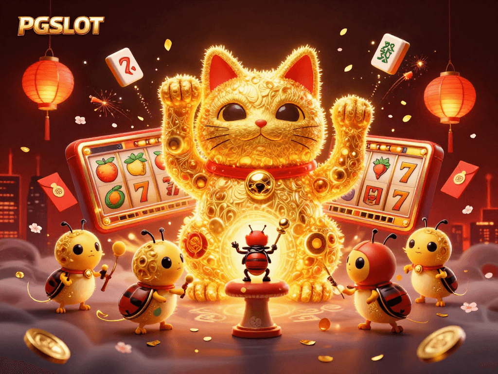 Experience the excitement of PG SLOT with a dynamic illustration of a lucky cat and vibrant casino symbols.