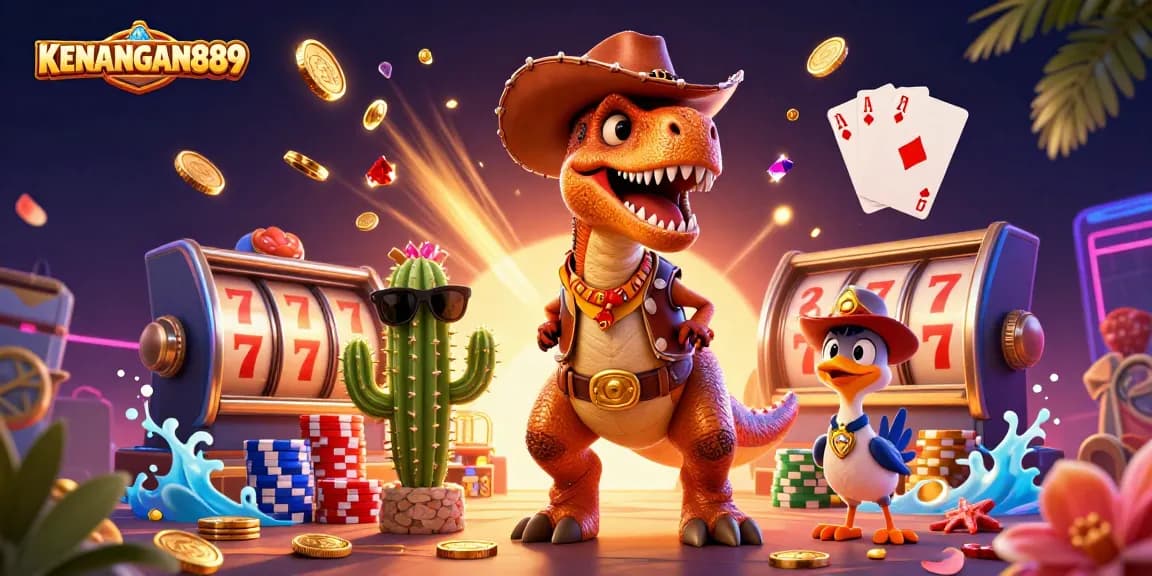 Play slots and win big at KENANGAN889 with a vibrant, colorful 3D illustration of gambling elements.