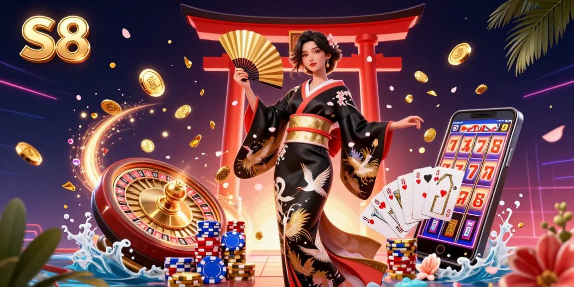 Play exciting games at S8 while encountering a photorealistic Asian woman in a vibrant casino scene.