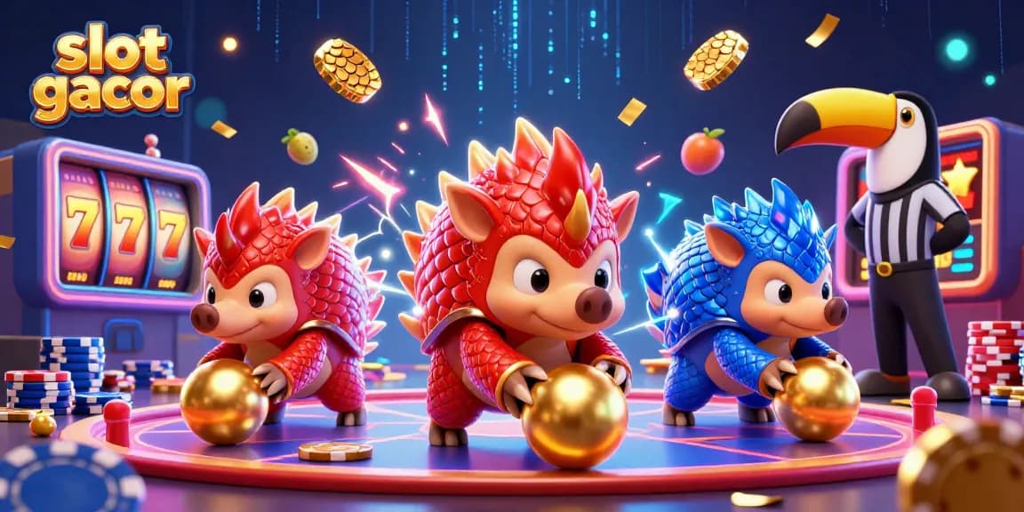 Engaging scene of rival pangolins in a colorful slot gacor game, bowling poker chips with exciting visual elements.