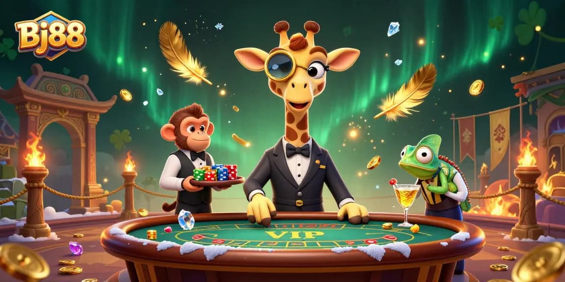 Bj88 captures a vibrant 3D casino scene featuring a high-roller giraffe playing poker while surrounded by dynamic game elements.