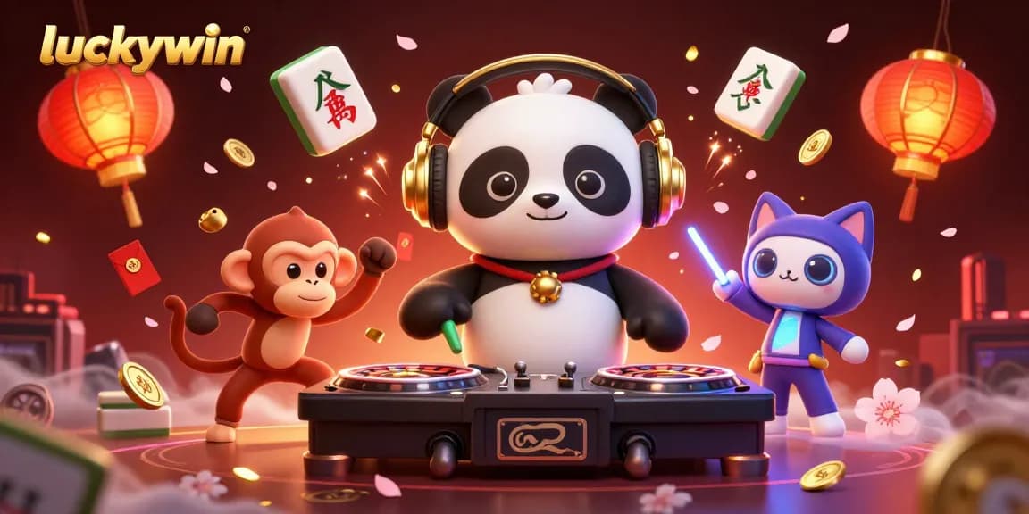 Feel the excitement of luckywin with a DJ panda and friends celebrating in a vibrant casino scene.