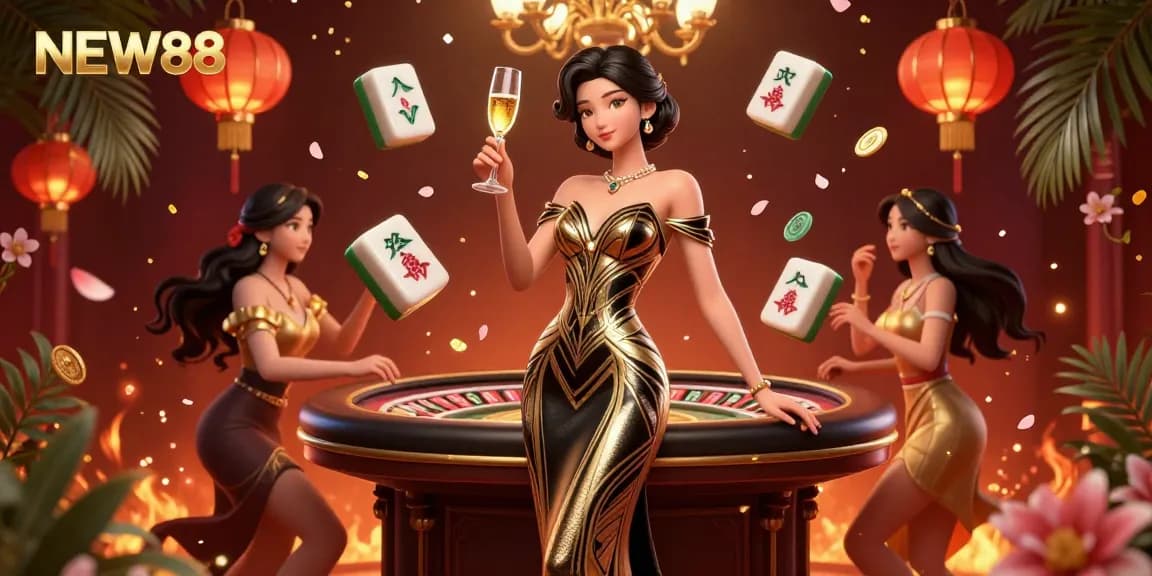 Experience the luxury of NEW88's gaming with stunning 3D visuals, live casino elements, and festive decorations.