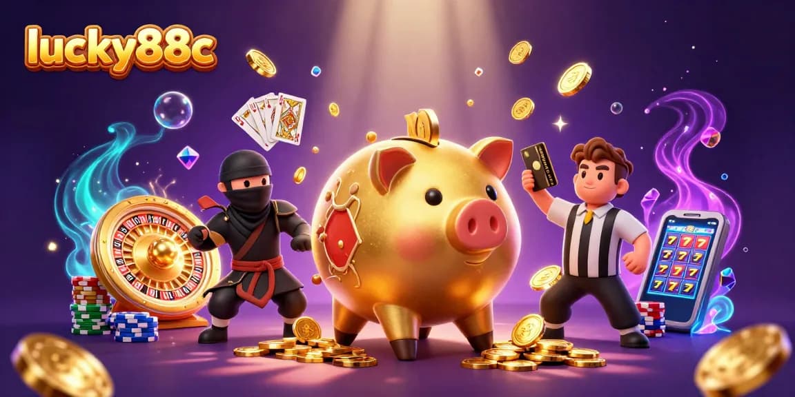 Engage with lucky88c slots through an epic scene featuring a golden piggy bank sumo wrestler.