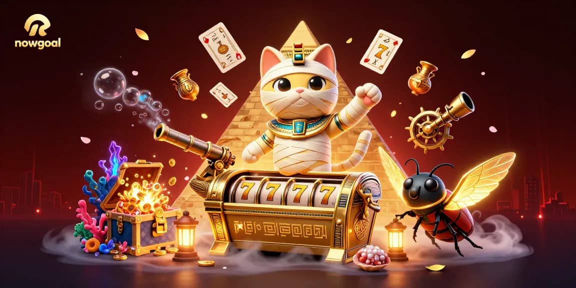 Nowgoal showcases lively gambling with Egyptian mummy cat bursting from a golden sarcophagus surrounded by vibrant casino elements.