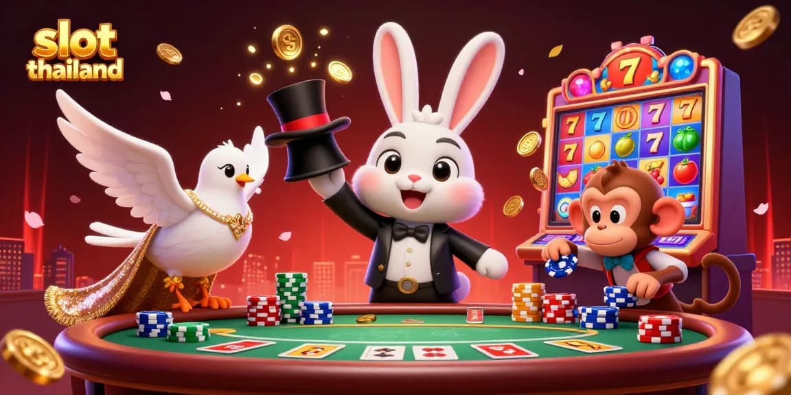 Spin to win with Slot Thailand's vibrant slots and excitement-filled 3D illustration featuring a magician and playful characters.