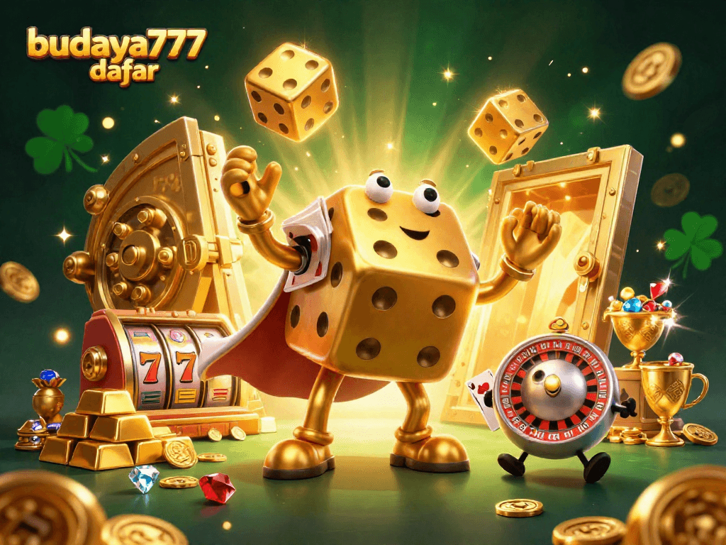 Gambarlah budaya777 daftar dengan dadu emas besar dan elemen kasino menarik, penuh harta dan warna.